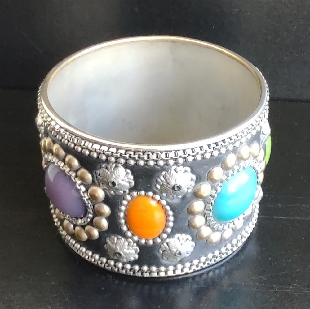 Wide Statement Bangle Bracelet - Silver & Multico… - image 3